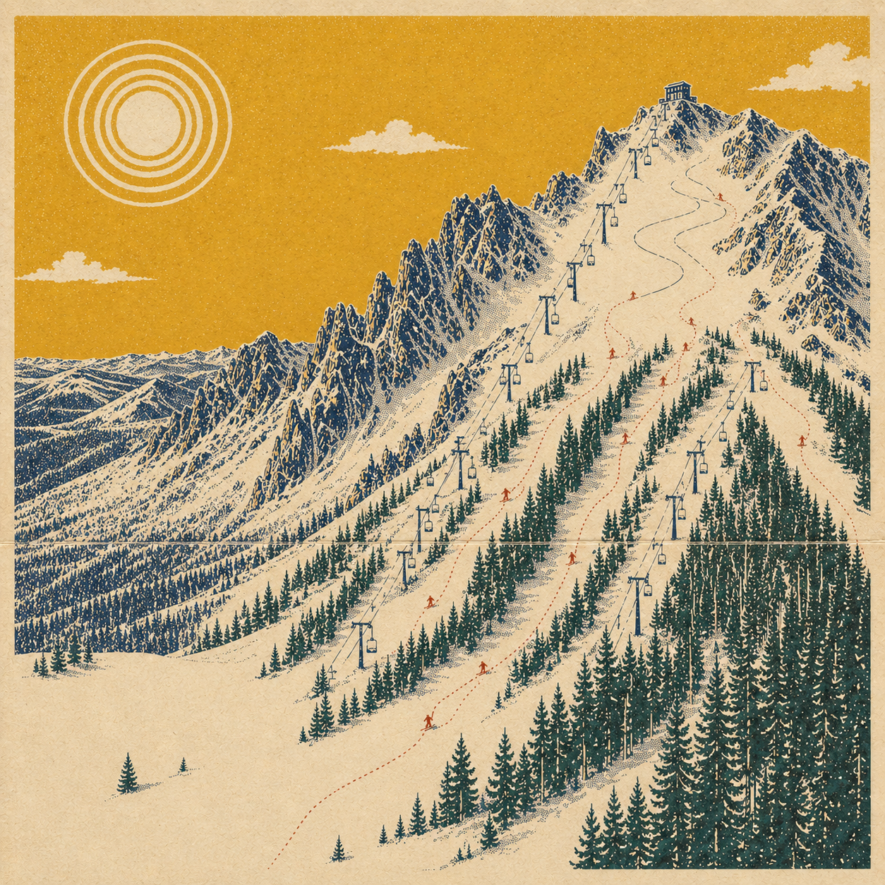 Vintage printed illustration of a bluebird Colorado ski slope with red track marks.